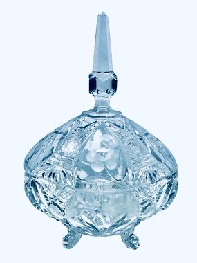 Imperlux Vintage '70s Oval Crystal Frosted Floral Footed Steeple Lid Candy Dish